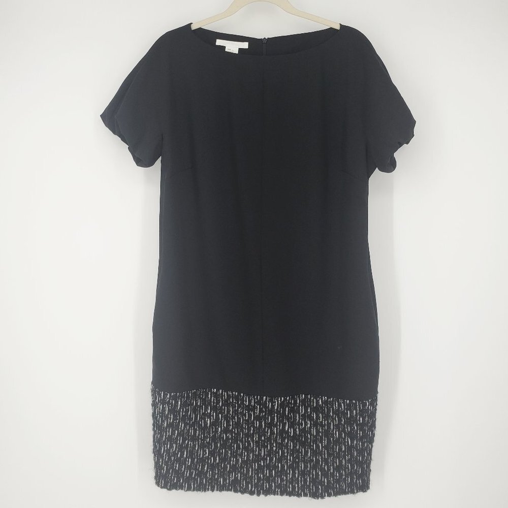 Les Copains Virgin Wool Tweed Paneled Short Puff Sleeve Shift‎ Dress Black 10